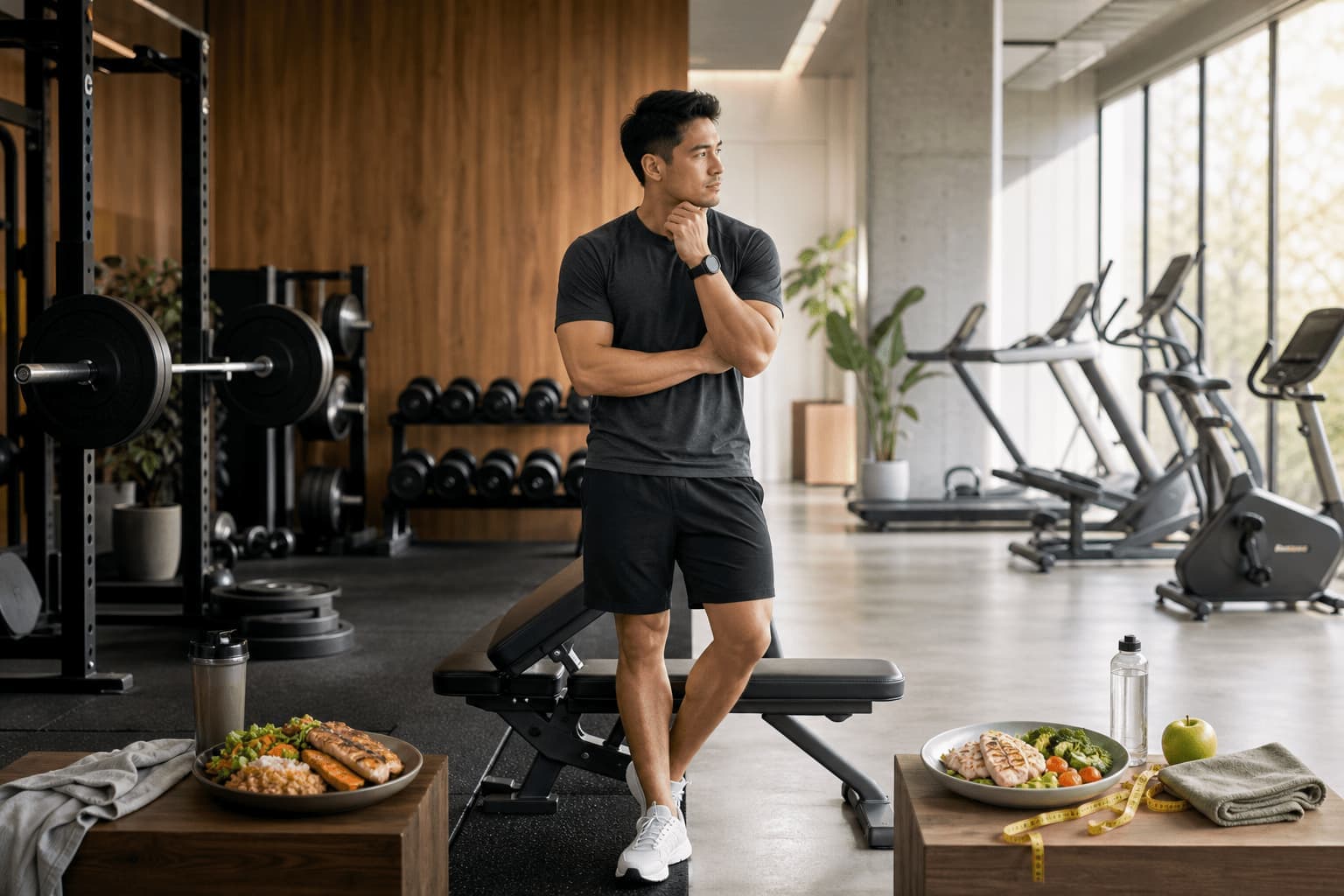 A person in a gym beside strength equipment, with prepared meals on either side.