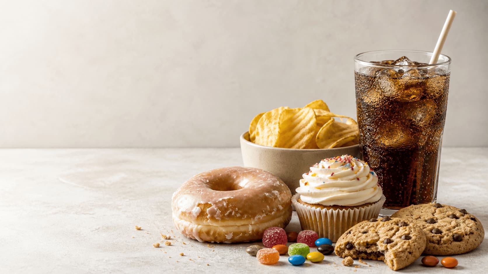 A selection of sugary drinks, crisps, doughnuts, cupcakes, sweets, and cookies on a table.