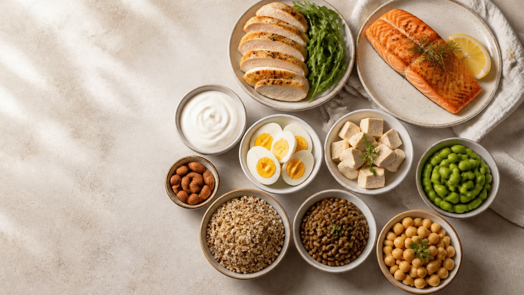 A selection of protein-rich foods including salmon, chicken, tofu, eggs, edamame, lentils, and chickpeas.