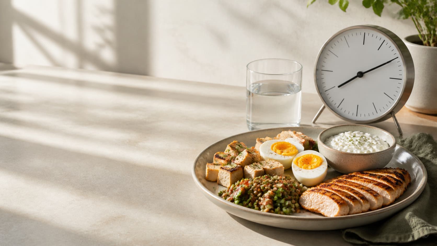 A protein-rich plate with eggs, chicken, tofu, cottage cheese, and lentils beside a clock and water.
