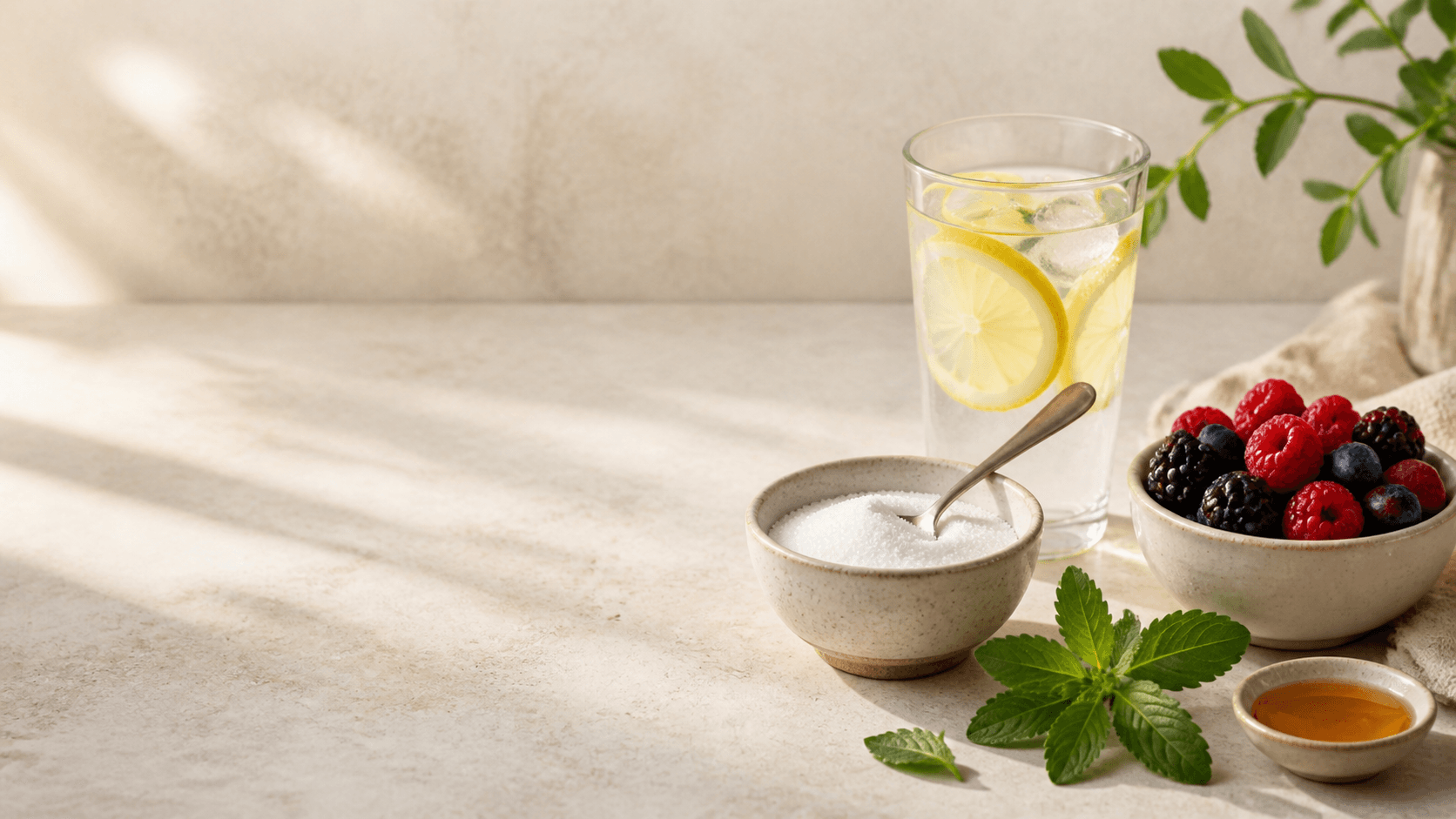A bowl of sugar, stevia leaves, berries, and lemon water on a warm neutral table.